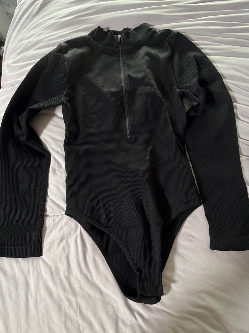 Women's Black Ribbed Long-Sleeve Bodysuit with Front Zip